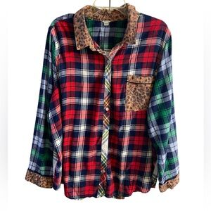 aerie Plaid Button-Up Shirt with Leopard Trim - Navy, White, Brown XXL